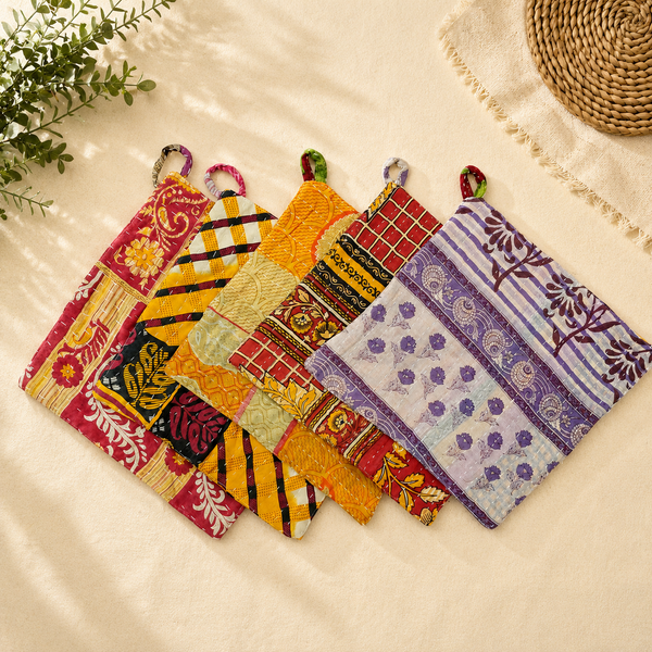 Vintage Kantha Pot Holders Set of 5, Handmade Quilted Hot Pads, Recycled Sari Kitchen Trivets, Colorful Boho Indian Potholders