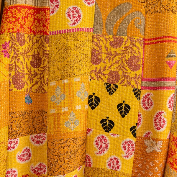 Yellow Vintage Kantha Patchwork Quilt, Handmade Indian Sari Cotton Bedspread, Mustard Boho Throw Blanket, Reversible Rustic Home Decor