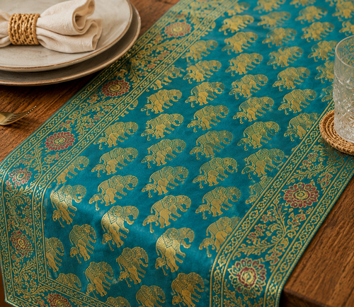 Antique-Inspired Embroidered Brocade Green Elephant Table Runner