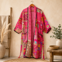 Indian Handmade Vintage Kantha Quilt Pink Patchwork Kimono Robe One Size Robe