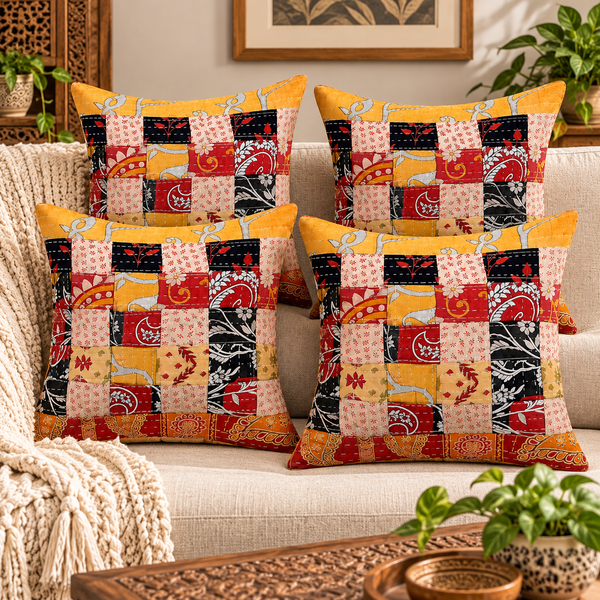 Indian Handmade Patchwork Cushion Cover Unique Design Set Of 4 Pcs
