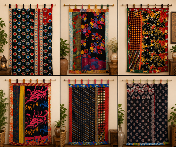 Handmade Kantha Tab Top Curtains, Cotton Patchwork Window Curtain, Boho Floral Drapes, Vintage Kantha Curtain Panel, Farmhouse Home Decor, Living Room Curtains