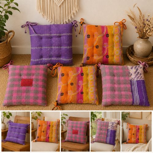 Vintage Kantha Chair Pad with Ties 5 Pcs, Handmade Cotton Patchwork Seat Cushion, Boho Dining Chair Pad, Recycled Sari Floor Cushion