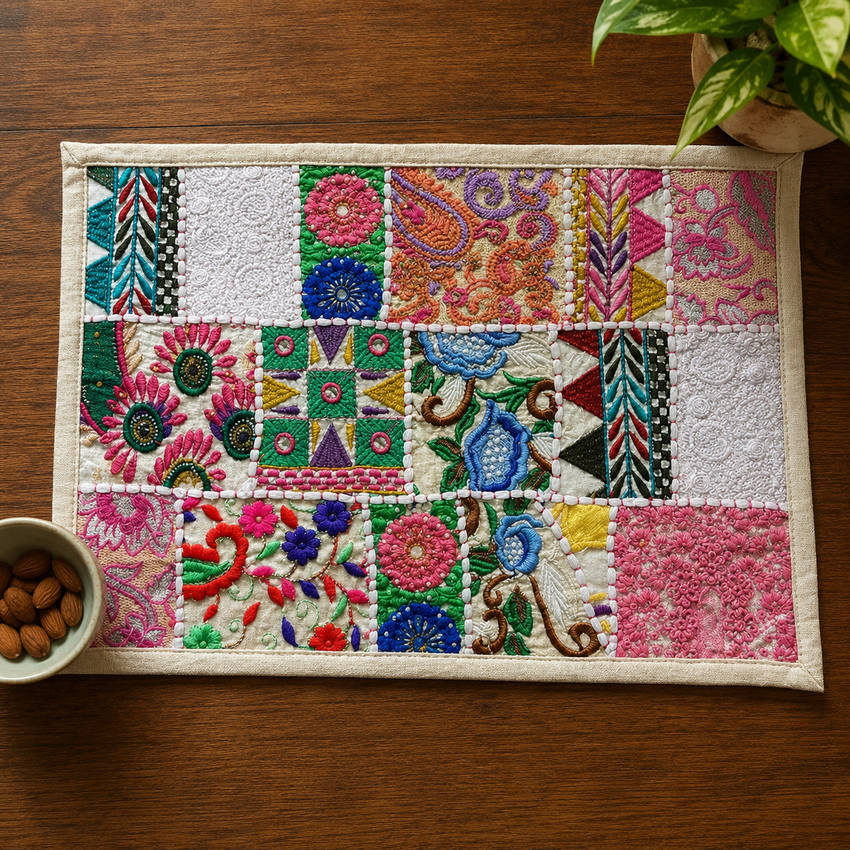 Handmade Embroidered Patchwork Placemat – Vintage Boho Table Mat with Artisan Textile Embroidery Set 4 Pcs