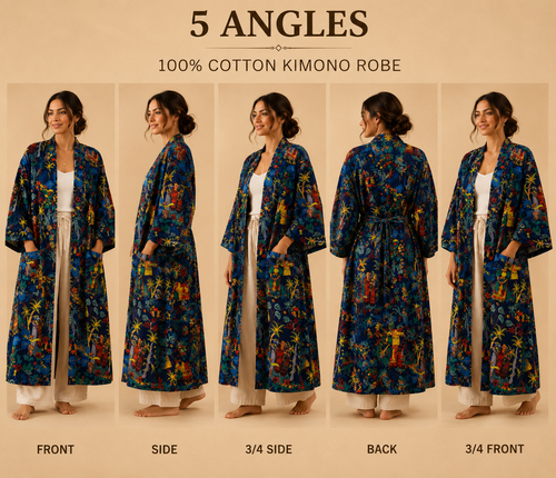 Handmade Cotton Kimono Robe for Women | Navy Blue Boho Long Kimono | Floral Cotton Beach Cover Up | Resort Wear | Free Size