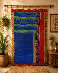 Indian Handmade Kantha Quilted 100% Cotton Fusion Blue Curtain