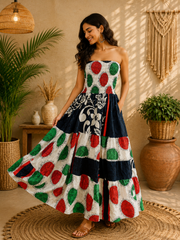 Vintage Strapless Smocked Maxi Dress for Women | Handmade Cotton Boho Summer Beach Dress