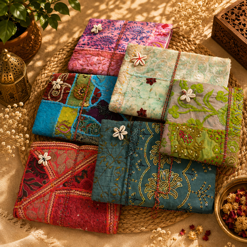 Vintage Embroidered Patchwork Journal, Handmade Recycled Fabric Notebook 5 Pcs, Boho Indian Diary, Artisan Writing Journal, Unique Gift