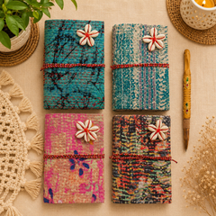 Handmade Vintage Kantha Journal with Shell Flower, Recycled Sari Fabric Notebook 4 Pcs, Boho Diary with Wooden Pen, Indian Handmade Gift