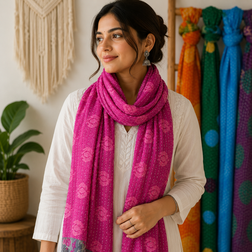 Handmade Cotton Kantha Scarf – Lightweight Vintage Cotton Scarf | Soft Boho Wrap | Reversible Indian Stole | Sustainable Women's Fashion