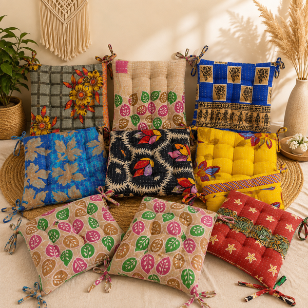 Vintage Kantha Chair Pads 5 Pcs Set, Handmade Cotton Seat Cushions, Tufted Indian Chair Pads, Boho Assorted Floor Cushions