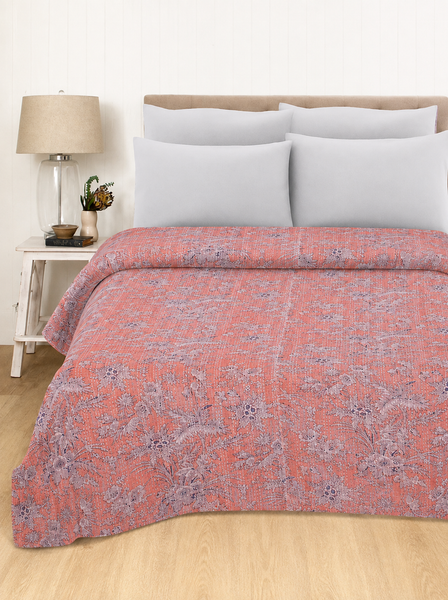 Vintage Kantha Block Print Floral Red Cotton Quilt