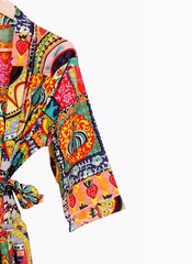 Handmade Cotton Patchwork Kimono Robe | Boho Lightweight Dressing Gown | Women's Colorful Cotton Kimono with Belt