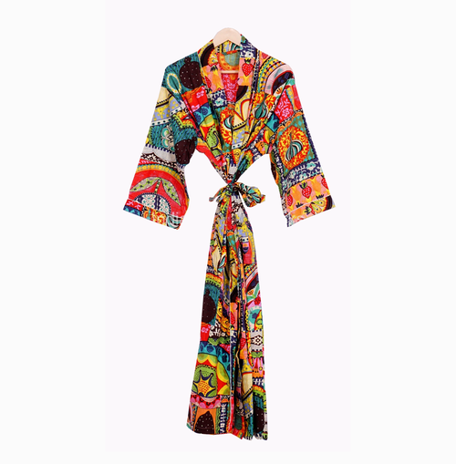 Handmade Cotton Patchwork Kimono Robe | Boho Lightweight Dressing Gown | Women's Colorful Cotton Kimono with Belt