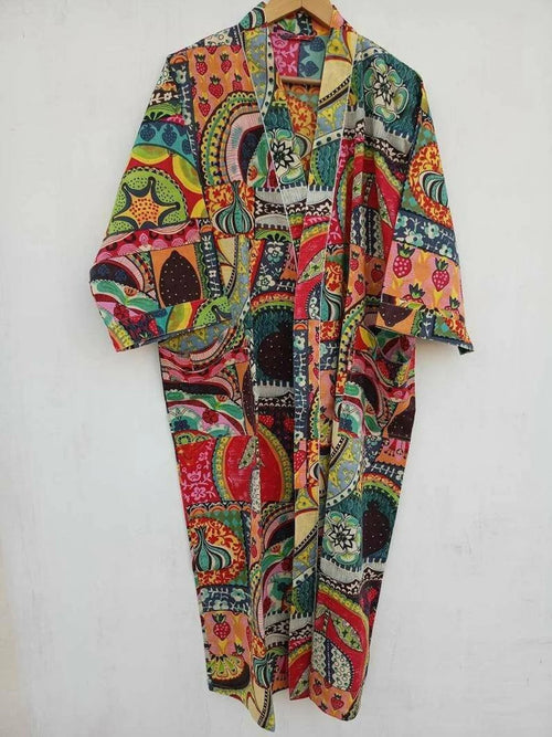 Handmade Cotton Patchwork Kimono Robe | Boho Lightweight Dressing Gown | Women's Colorful Cotton Kimono with Belt
