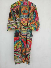Handmade Cotton Patchwork Kimono Robe | Boho Lightweight Dressing Gown | Women's Colorful Cotton Kimono with Belt