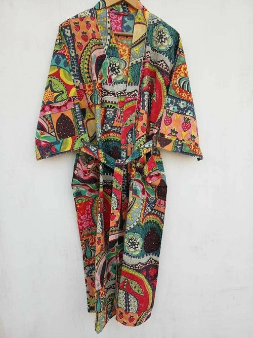 Handmade Cotton Patchwork Kimono Robe | Boho Lightweight Dressing Gown | Women's Colorful Cotton Kimono with Belt