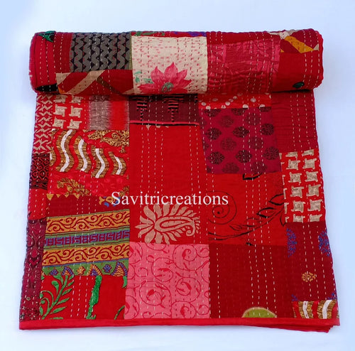 Red Silk Patchwork Quilt - Hand-Stitched, Opulent Home Decor