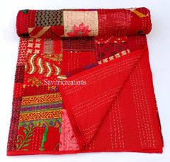 Red Silk Patchwork Quilt - Hand-Stitched, Opulent Home Decor