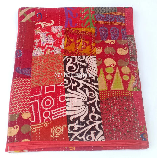 Red Silk Patchwork Quilt - Hand-Stitched, Opulent Home Decor