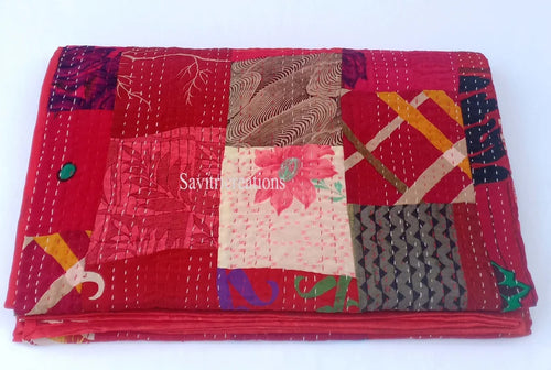 Red Silk Patchwork Quilt - Hand-Stitched, Opulent Home Decor