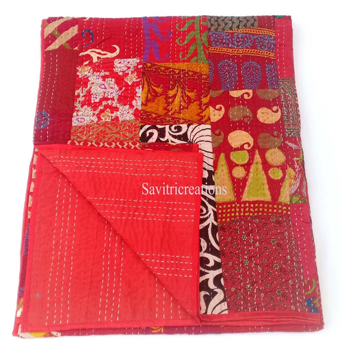 Red Silk Patchwork Quilt - Hand-Stitched, Opulent Home Decor