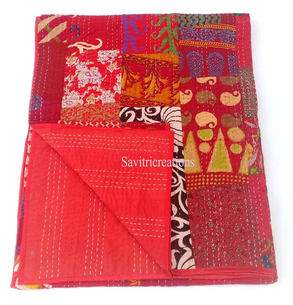 Red Silk Patchwork Quilt - Hand-Stitched, Opulent Home Decor