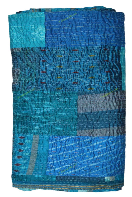 Blue Silk Patchwork Quilt  Unique Design, Luxury Bedding Throw