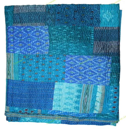 Blue Silk Patchwork Quilt  Unique Design, Luxury Bedding Throw
