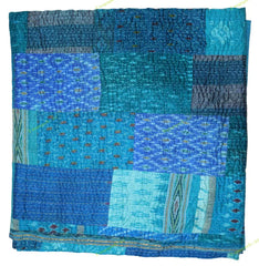 Blue Silk Patchwork Quilt  Unique Design, Luxury Bedding Throw