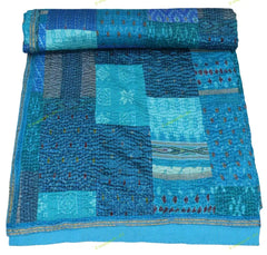 Blue Silk Patchwork Quilt  Unique Design, Luxury Bedding Throw
