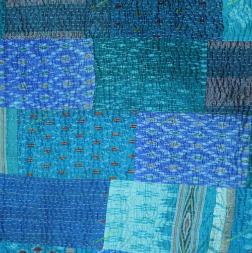 Blue Silk Patchwork Quilt  Unique Design, Luxury Bedding Throw
