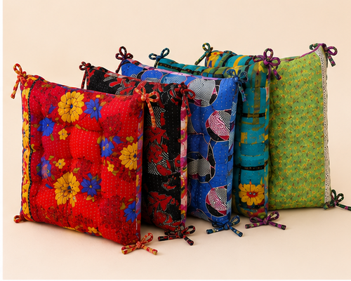 Handmade Kantha Chair Pad Set with Ties – Reversible Cotton Quilted Seat Cushion & Back Support – Boho Dining Chair Cushion – Floral Patchwork Chair Pads