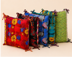 Handmade Kantha Chair Pad Set with Ties – Reversible Cotton Quilted Seat Cushion & Back Support – Boho Dining Chair Cushion – Floral Patchwork Chair Pads