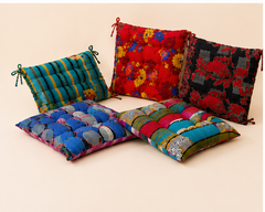 Handmade Kantha Chair Pad Set with Ties – Reversible Cotton Quilted Seat Cushion & Back Support – Boho Dining Chair Cushion – Floral Patchwork Chair Pads