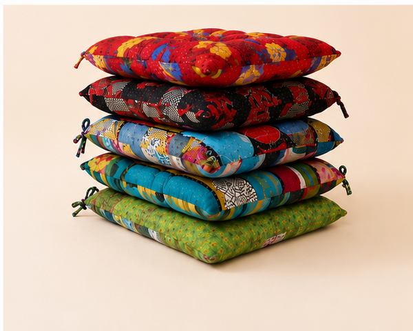 Handmade Kantha Chair Pad Set with Ties – Reversible Cotton Quilted Seat Cushion & Back Support – Boho Dining Chair Cushion – Floral Patchwork Chair Pads